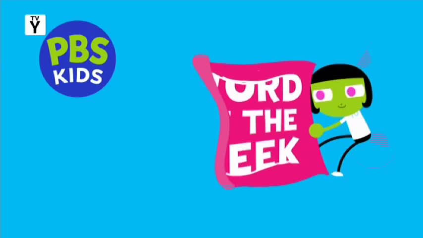 A green cartoon character with a white shirt and black hair holds up a bright pink banner that reads "WORD OF THE WEEK." The PBS Kids logo appears in the top left corner.
