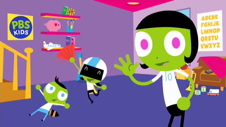 A green character with big pink eyes waves enthusiastically. Another green character, wearing a helmet and holding a red fan, dances with a third character who is tumbling on the floor.