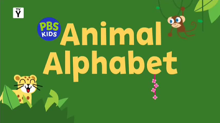 A cartoon leopard peeks out from behind some green leaves, its mouth open in a happy grin. A monkey swings from a vine above the words "Animal Alphabet," which are displayed in large, yellow letters.