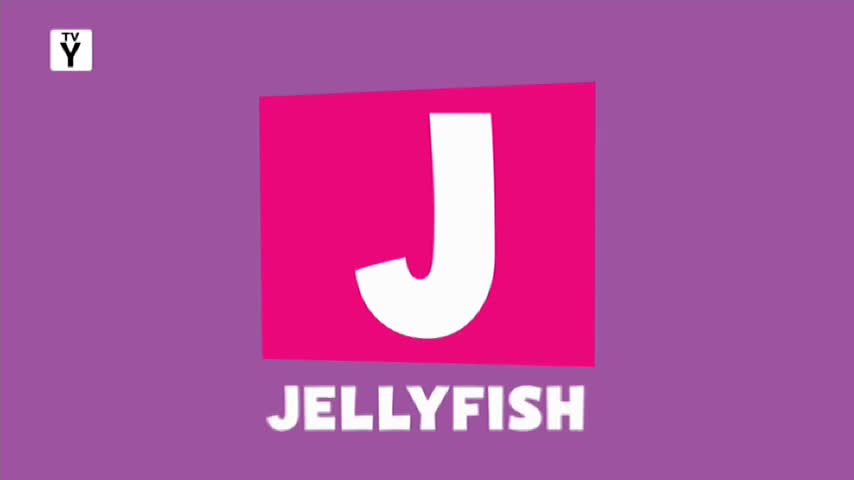 A big white "J" floats inside a bright pink square. Below it, the word "JELLYFISH" appears in white letters against a purple background.