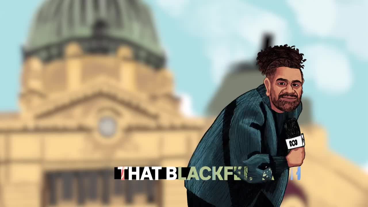 A man with a microphone, branded with the ABC logo, is smiling in front of a blurred building. The words "THAT BLACKFELLAH" are partially visible at the bottom of the screen.
