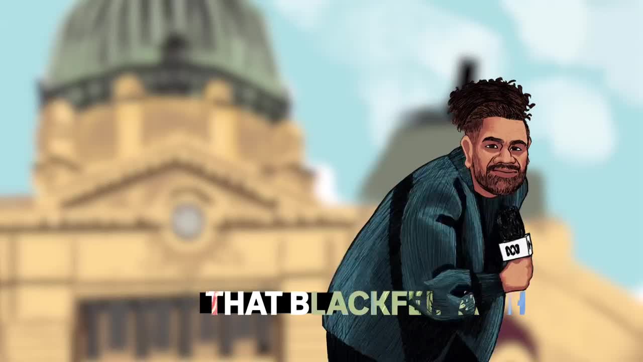 A man with a microphone, branded with ABC, smiles at the camera, with a historic building in the background. The words "THAT BLACKFELLAH" are partially visible at the bottom of the screen.
