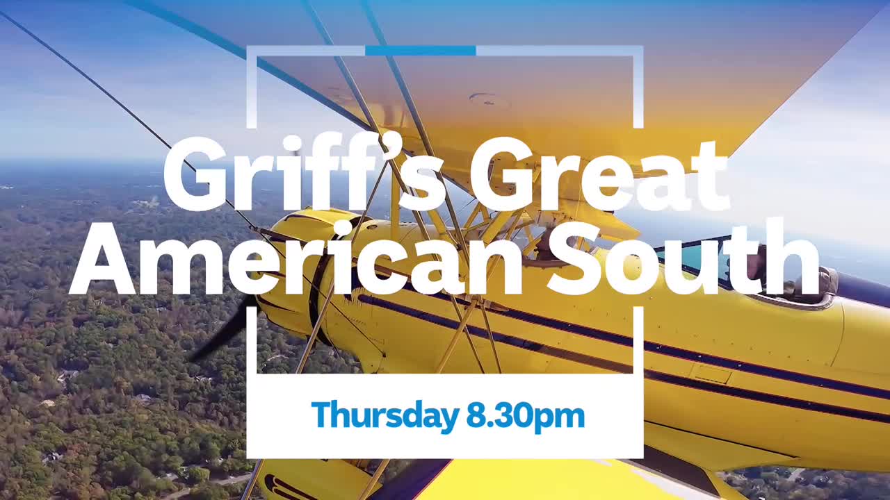A bright yellow biplane soars overhead, its propeller a spinning blur against the blue sky. The ABC Australia show "Griff's Great American South" is coming up on Thursday at 8:30 pm.
