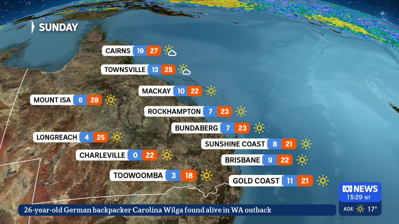 The ABC News weather report for Sunday is displayed, showing temperatures across Queensland, Australia.  Each city's forecast is presented in a blue and orange box, with a sun icon indicating the weather conditions.
