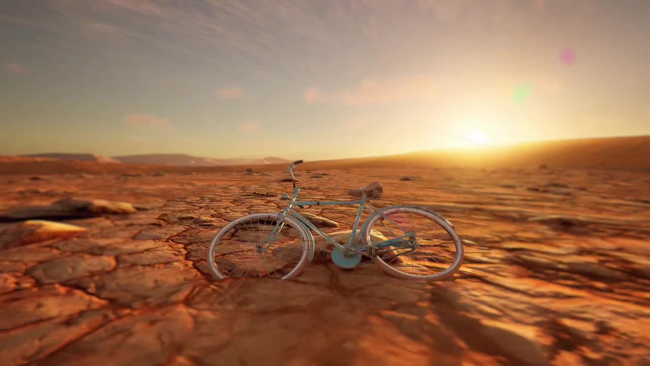 A weathered bicycle sits abandoned on cracked, dry earth. The sun blazes low on the horizon, casting long shadows across the desolate landscape.
