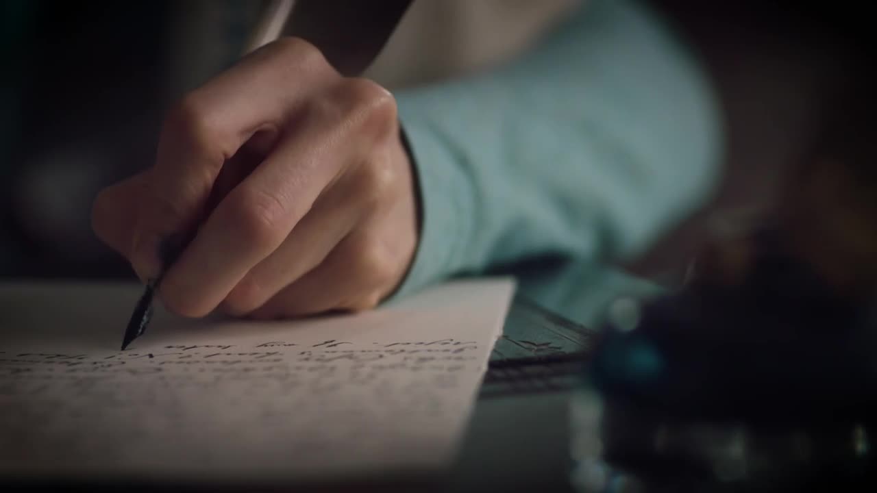 A hand, clad in a light blue sleeve, guides a quill across a sheet of paper. The nib leaves a trail of dark ink, forming words on the page.
