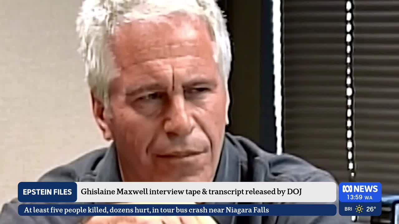 The ABC News graphic displays a man with gray hair, looking directly at the camera. Below, the headline reads "Ghislaine Maxwell interview tape & transcript released by DOJ."
