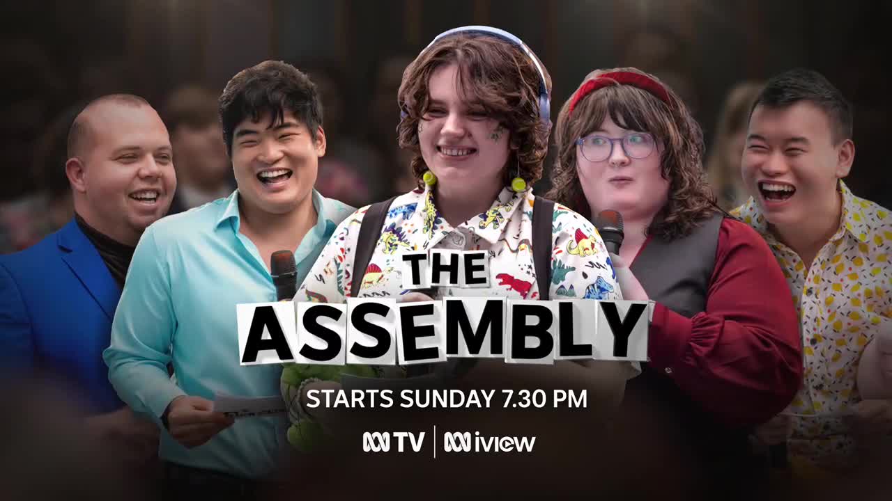Five people are smiling and holding microphones, presumably on a set for ABC Australia's "The Assembly." The show's title is displayed prominently, along with the air time and channel information.
