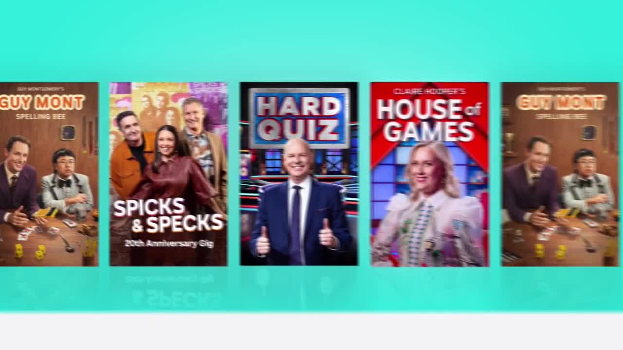 Five different show posters are lined up, each featuring a different host or cast of characters. The ABC Australia logos are not visible, but the shows' titles, including "Spicks & Specks" and "Hard Quiz," are clearly displayed.
