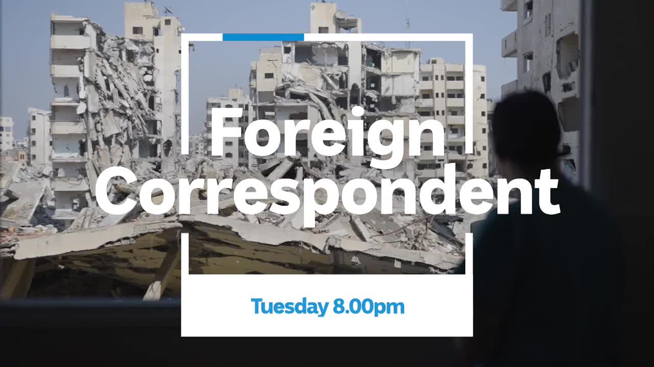 A person stares out a window at the rubble of buildings. The ABC Australia show "Foreign Correspondent" is advertised, promising a look at the destruction.
