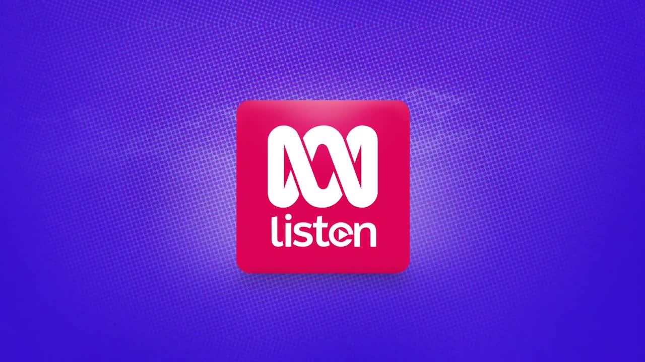 The ABC Listen logo, a white stylized "M" inside a red square, sits centered against a textured purple background. Below the logo, the word "listen" appears in white.
