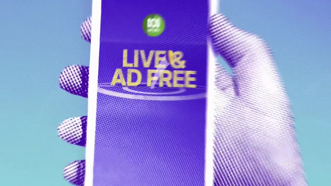 A hand, rendered in a dotted pattern, holds a screen displaying "LIVE & AD FREE" against a blue sky. The ABC logo sits above the text.
