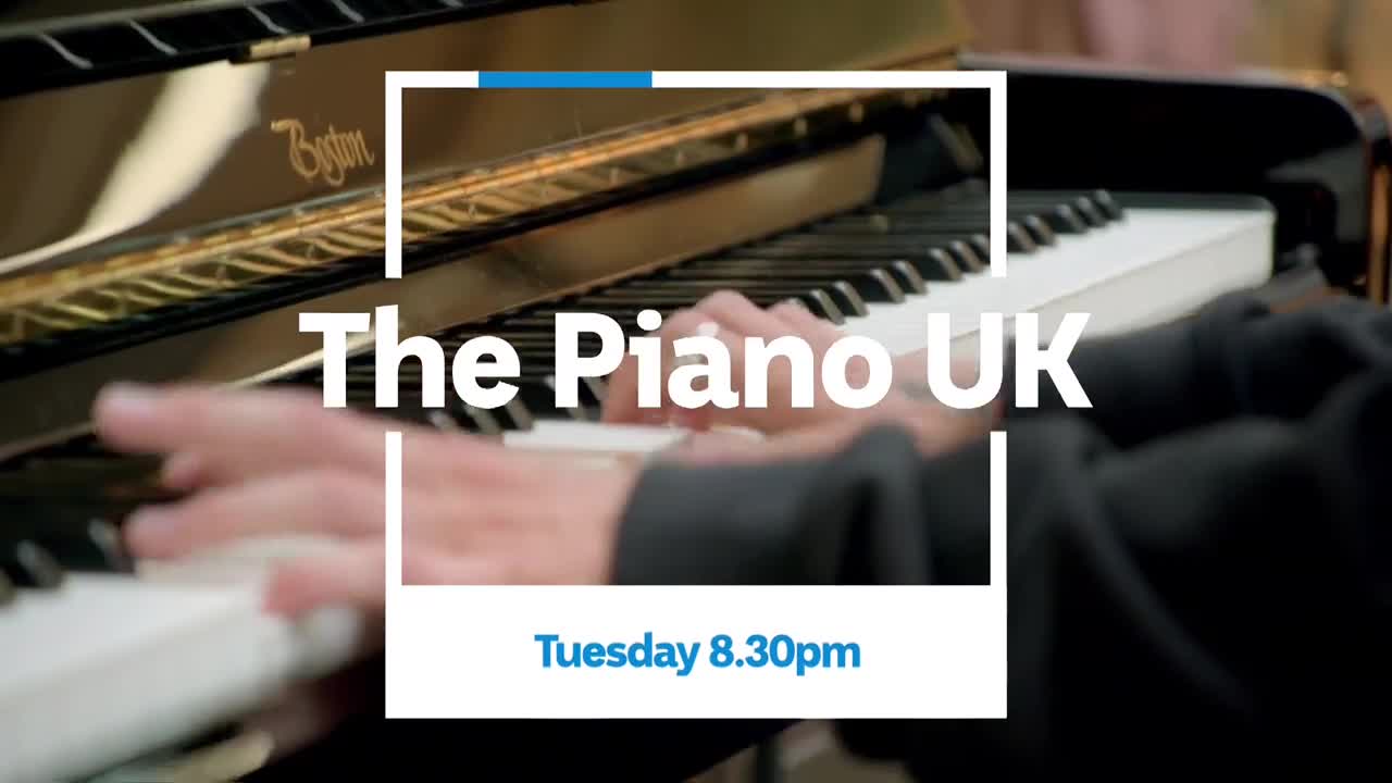 Fingers dance across the piano keys, the black and white contrasting sharply. The Boston piano gleams, and the show's title card, "The Piano UK," is superimposed.
