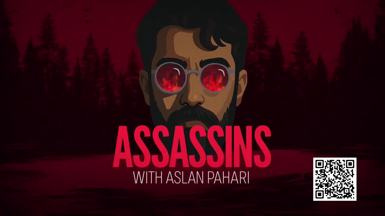 A stylized face with fiery eyes stares out from a deep red background. Below, the word "ASSASSINS" is boldly displayed, along with "WITH ASLAN PAHARI."
