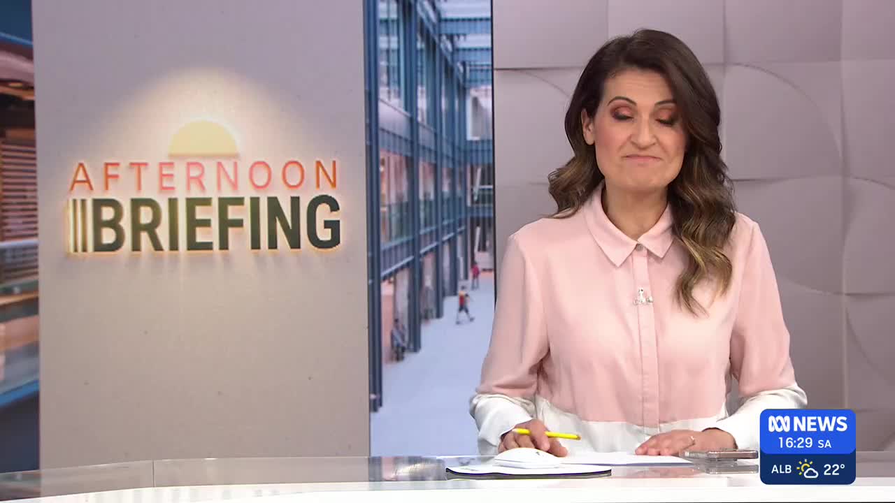 The ABC News presenter, wearing a pink shirt, looks directly at the camera, a slight smile on her face. Behind her, the "Afternoon Briefing" logo glows, and a building facade is visible on a screen.
The ABC News presenter, wearing a pink shirt, looks directly at the camera, a slight smile on her face. Behind her, the "Afternoon Briefing" logo glows, and a building facade is visible on a screen.