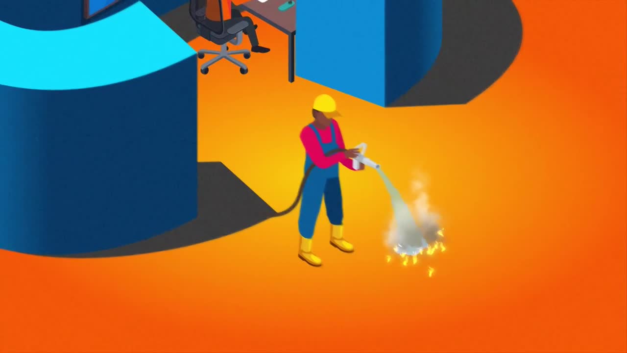 A worker in a yellow hard hat and overalls aims a hose, creating a cloud of smoke and sparks. Someone sits at a desk in the background, seemingly unaware of the action.
A worker in a yellow hard hat and overalls aims a hose, creating a cloud of smoke and sparks. Someone sits at a desk in the background, seemingly unaware of the action.