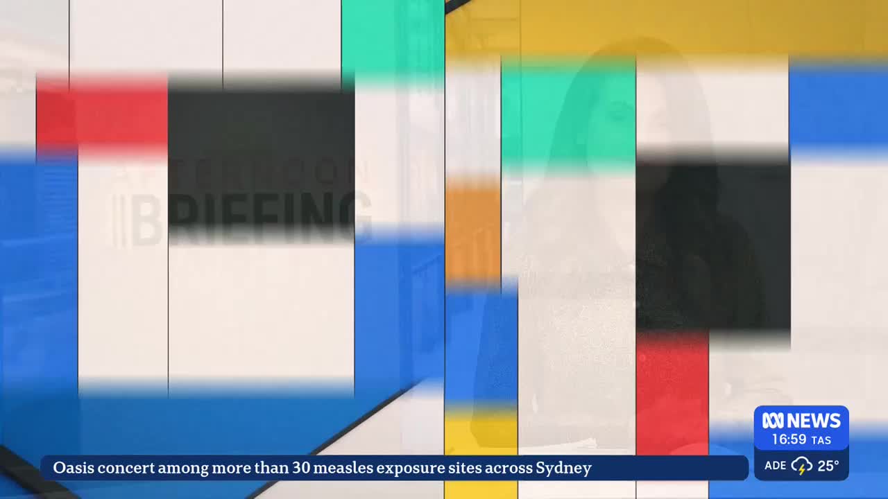 A news briefing graphic from ABC News Australia is overlaid with a colorful, blurred design. The headline below reports on an Oasis concert and measles exposure sites in Sydney.
A news briefing graphic from ABC News Australia is overlaid with a colorful, blurred design. The headline below reports on an Oasis concert and measles exposure sites in Sydney.