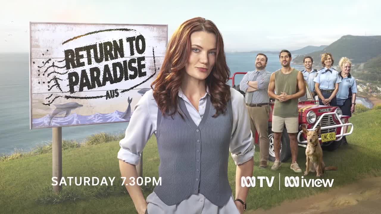 A woman in a grey waistcoat stands front and center, with a sign for "Return to Paradise AUS" behind her.  A group of people, and a dog, are posed beside a red vehicle, with the ABC TV and iView logos below.
