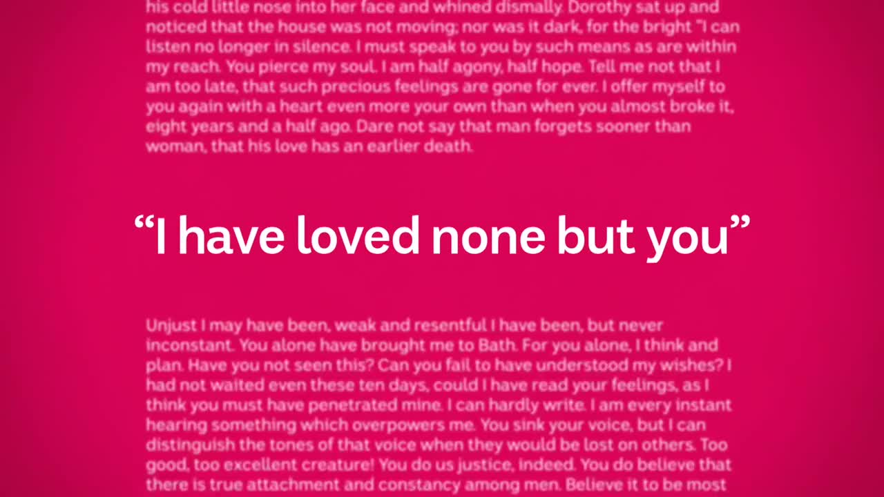 Against a vibrant pink background, a quote in bold white letters stands out: "I have loved none but you." Below, a block of text in a smaller font continues, its words hinting at a story of longing and devotion.
Against a vibrant pink background, a quote in bold white letters stands out: "I have loved none but you." Below, a block of text in a smaller font continues, its words hinting at a story of longing and devotion.