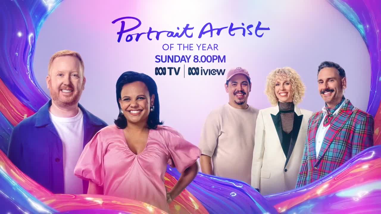 Five people smile at me, framed by swirling, colorful shapes, with the ABC TV and iView logos visible. The words "Portrait Artist of the Year" and the time and day of the show are written above.
Five people smile at me, framed by swirling, colorful shapes, with the ABC TV and iView logos visible. The words "Portrait Artist of the Year" and the time and day of the show are written above.