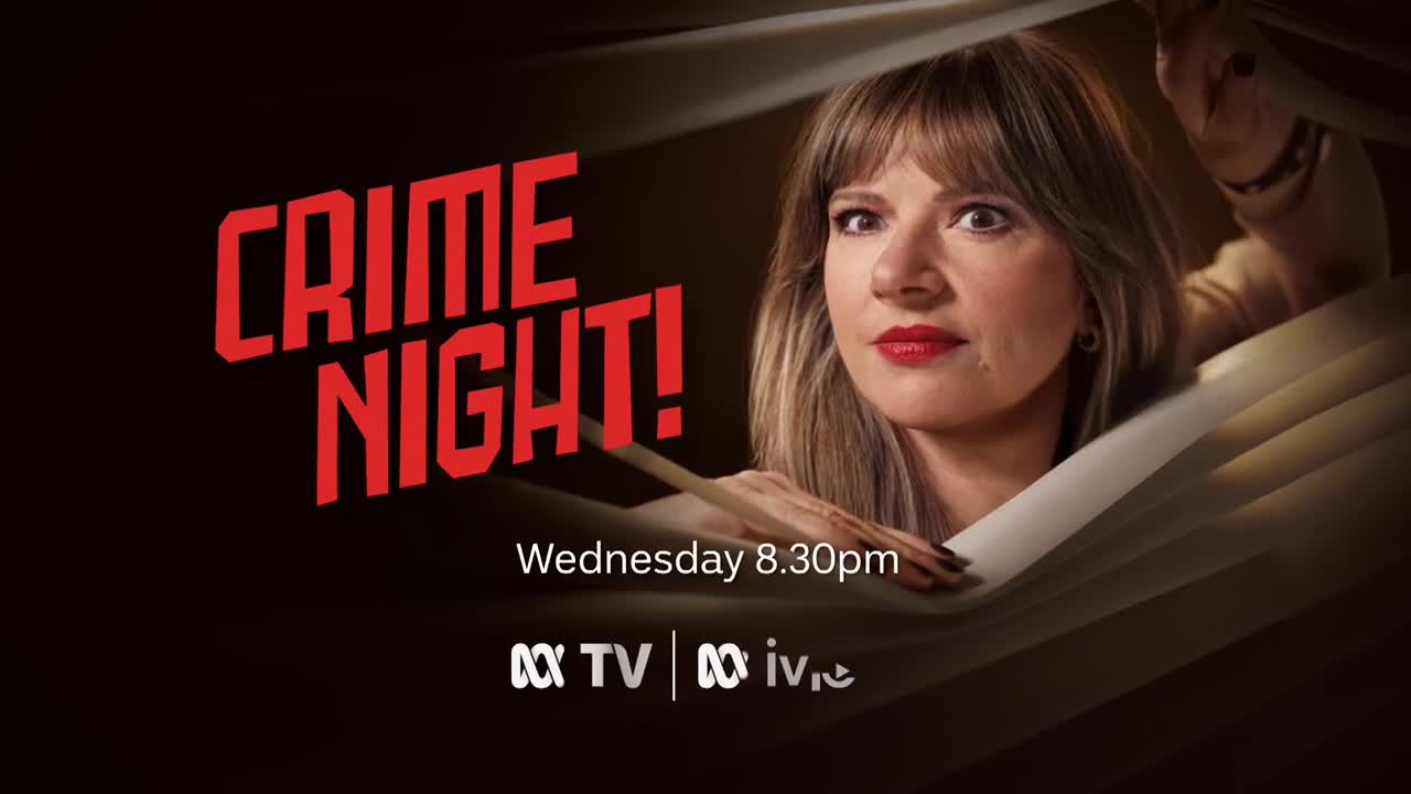 A woman peers out from behind what looks like blinds, her eyes wide with a mix of surprise and apprehension. The red text "CRIME NIGHT!" is emblazoned above her, advertising an ABC Australia show.
A woman peers out from behind what looks like blinds, her eyes wide with a mix of surprise and apprehension. The red text "CRIME NIGHT!" is emblazoned above her, advertising an ABC Australia show.
