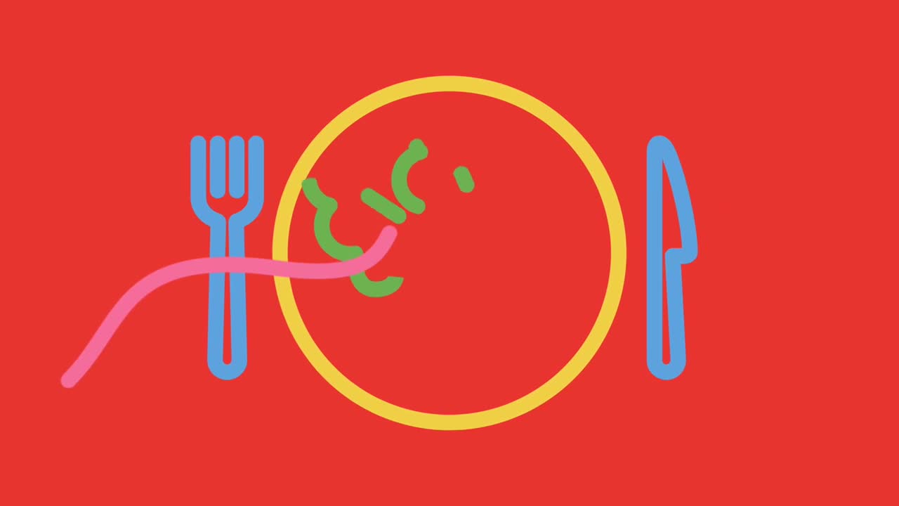 A blue fork and knife flank a yellow plate, with green and pink shapes inside. It's a simple, bright design, possibly for ABC Australia.
A blue fork and knife flank a yellow plate, with green and pink shapes inside. It's a simple, bright design, possibly for ABC Australia.