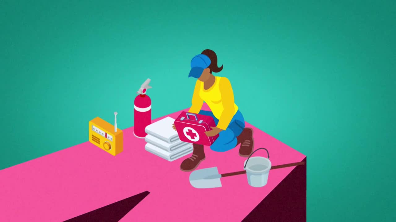 A woman in a blue cap carefully opens a red first aid kit, surrounded by supplies like a radio and a fire extinguisher. A shovel and bucket rest nearby, ready for use.
A woman in a blue cap carefully opens a red first aid kit, surrounded by supplies like a radio and a fire extinguisher. A shovel and bucket rest nearby, ready for use.