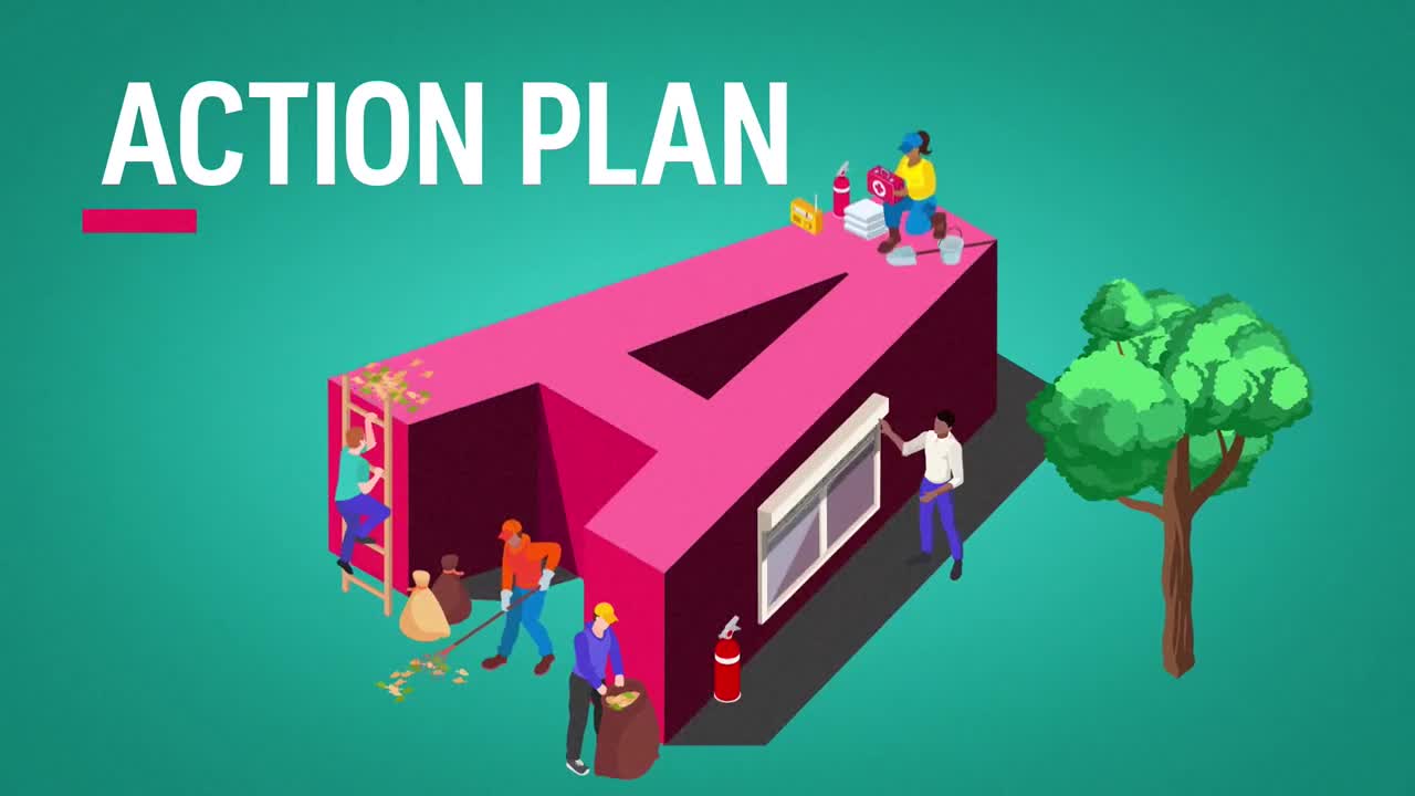 People are working together on a giant pink "A," some sweeping, others cleaning, and a few perched on top. The ABC Australia graphic highlights the "Action Plan" with a collection of people engaged in various tasks.
People are working together on a giant pink "A," some sweeping, others cleaning, and a few perched on top. The ABC Australia graphic highlights the "Action Plan" with a collection of people engaged in various tasks.
