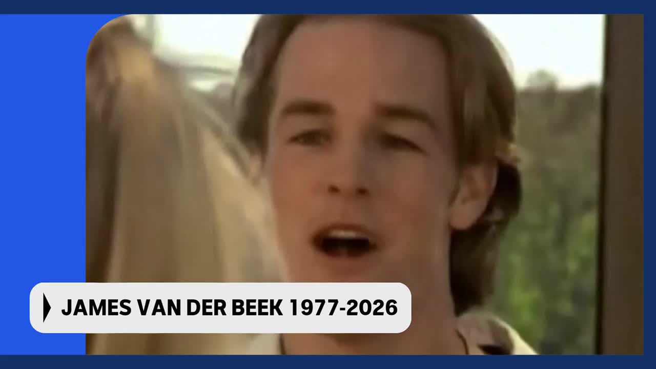 A young man with light brown hair looks directly ahead, his mouth slightly open. A white banner across the bottom of the screen reads "JAMES VAN DER BEEK 1977-2026."