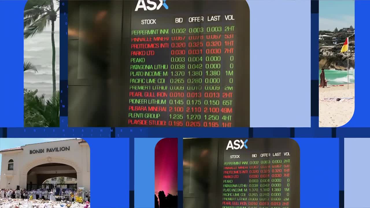The ASX ticker scrolls by, showing stock prices. A lifeguard stands watch over a bright blue ocean and sandy beach.