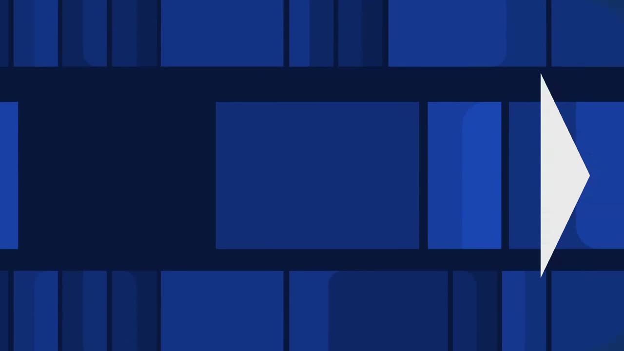 A sharp white arrow cuts across the screen, moving from right to left. It's superimposed over a dark blue background with geometric patterns.