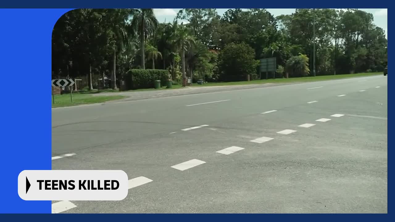 A black car turns right at the intersection. The ABC Australia graphic on the left reports "TEENS KILLED."