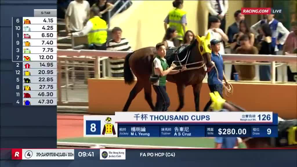 A chestnut horse, its head and face covered in a yellow hood, is led by two men towards the track. The Racing.com logo is visible, and the odds are displayed on a digital board.
