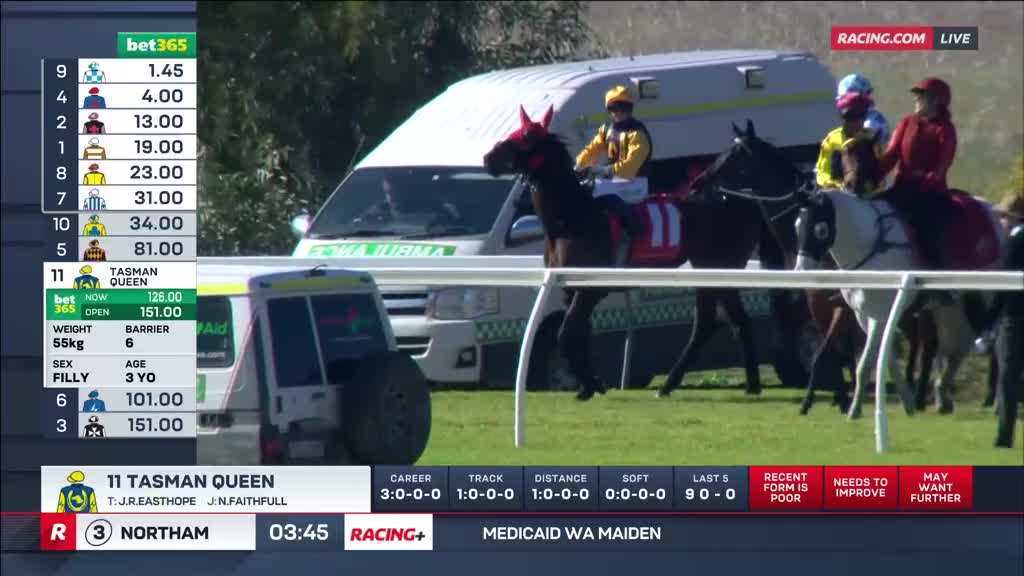 Horses, each with a jockey aboard, are circling the track, a white ambulance parked nearby. The Racing.com broadcast displays the odds and details for the upcoming race at Northam.
