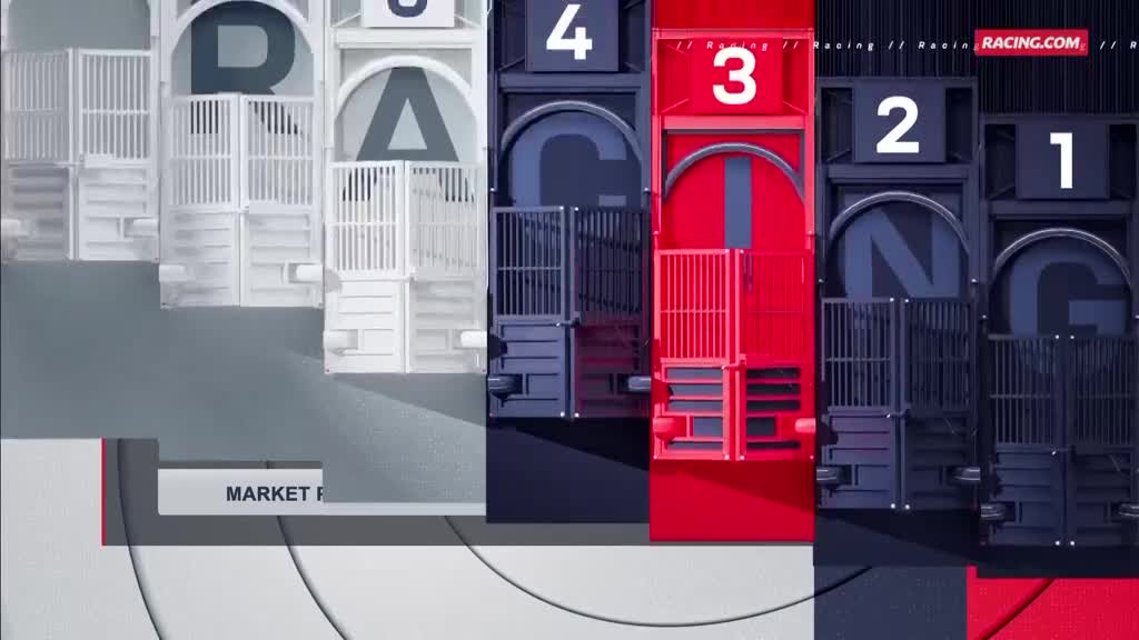 The starting gates of the racetrack are lined up, with the numbers one through five displayed. The Racing.com logo is visible at the top right.
