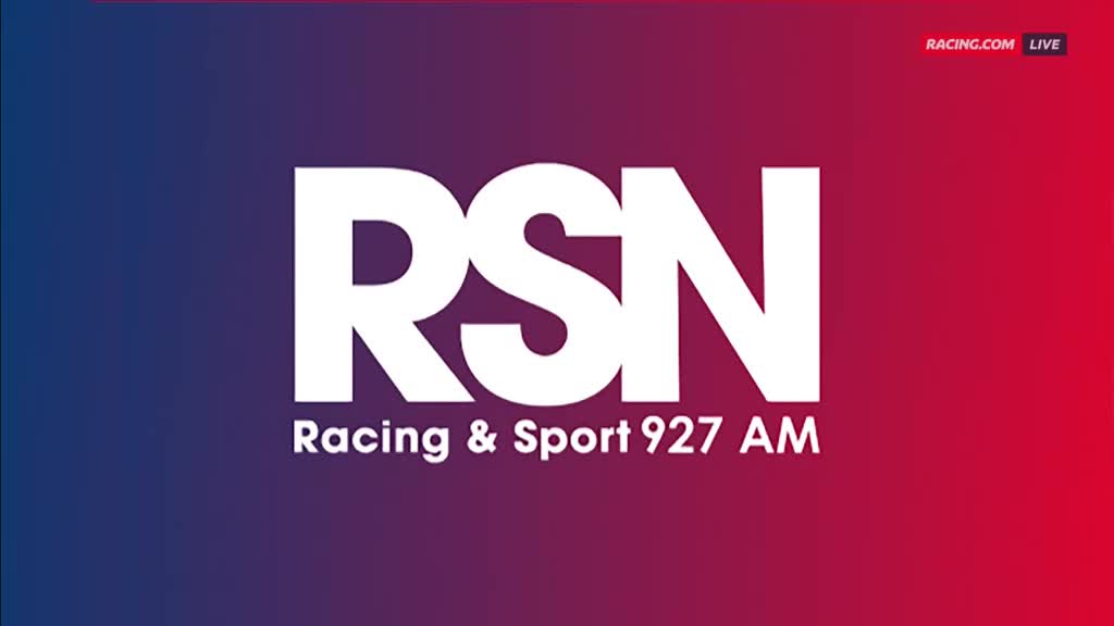 The RSN logo, in bold white letters, dominates the screen against a gradient background of red and blue. Below, "Racing & Sport 927 AM" is clearly displayed.
