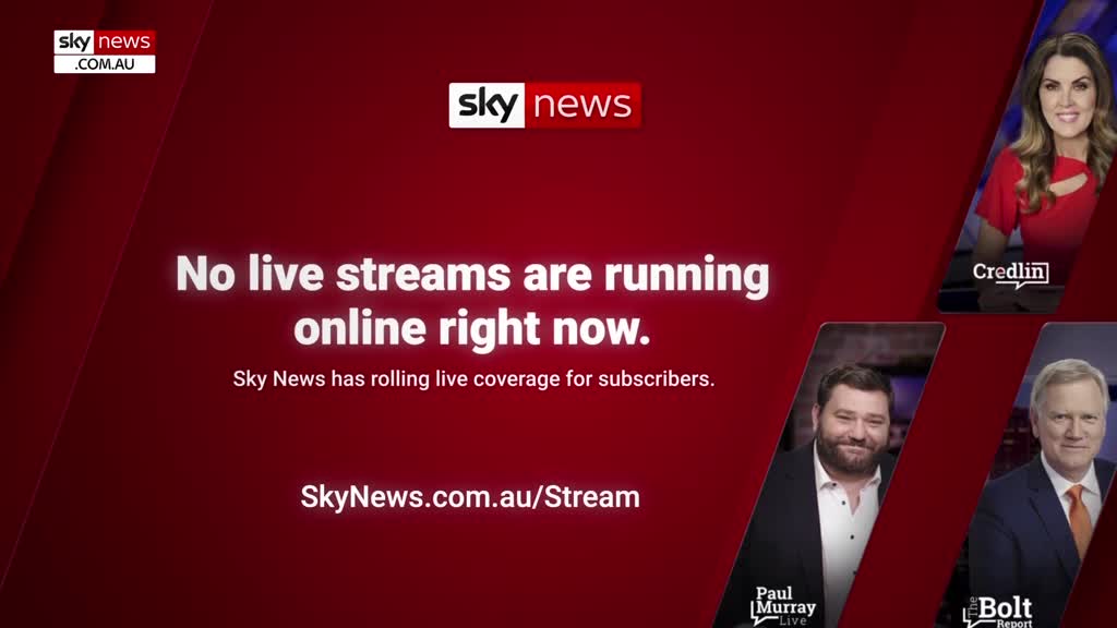 The screen displays a Sky News Australia message in white text against a red backdrop. It informs viewers that no live streams are currently running online, with a link to their streaming service.
