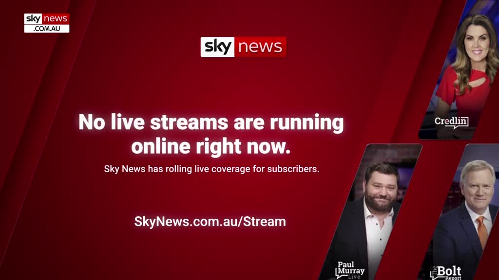 A red screen from Sky News Australia displays a message stating that no live streams are running. Three presenters' headshots are visible in the corner, and the Sky News logo sits at the top.
