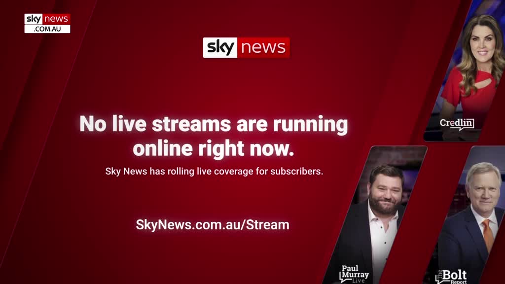 A red screen dominates, with a message from Sky News Australia stating no live streams are currently running. The faces of commentators appear in the corner, with the names Credlin, Paul Murray, and Bolt Report below them.
