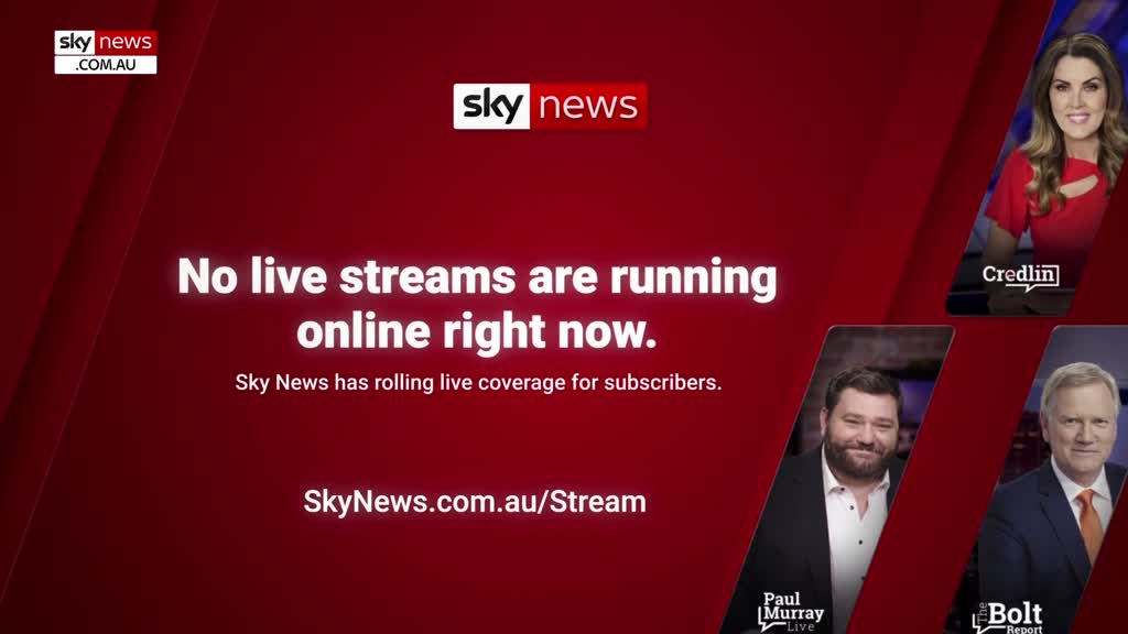 The screen displays a red background with the Sky News logo and a message stating no live streams are currently running. Below, three presenters' headshots are visible, with the names of their shows underneath.
The screen displays a red background with the Sky News logo and a message stating no live streams are currently running. Below, three presenters' headshots are visible, with the names of their shows underneath.