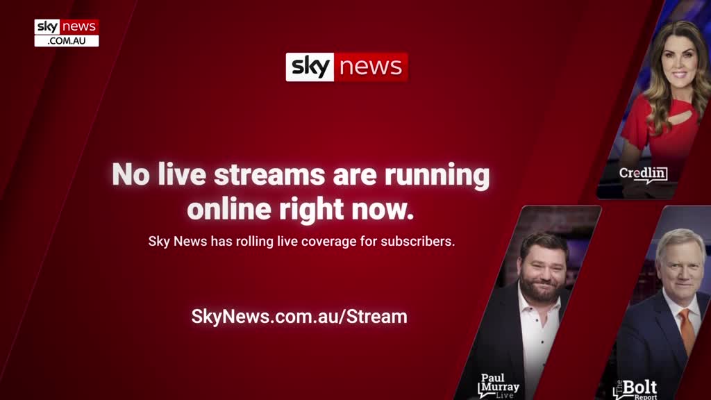 The screen displays a message from Sky News in Australia, informing viewers that no live streams are currently running. Below, three presenters' faces are visible, and the Sky News logo sits at the top.
