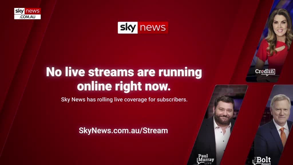A red screen from Sky News Australia displays a message that no live streams are running. The screen includes the Sky News logo and the names of commentators.
