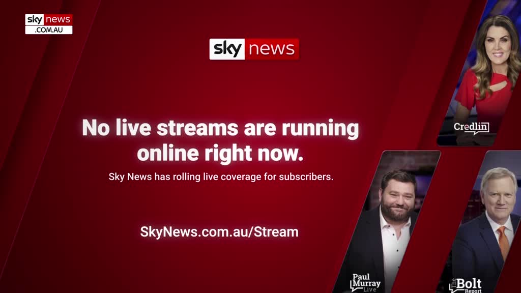 The screen displays a Sky News Australia graphic, informing viewers that no live streams are currently running. Three presenters' headshots are positioned on the right side of the screen, with the Sky News logo at the top.
