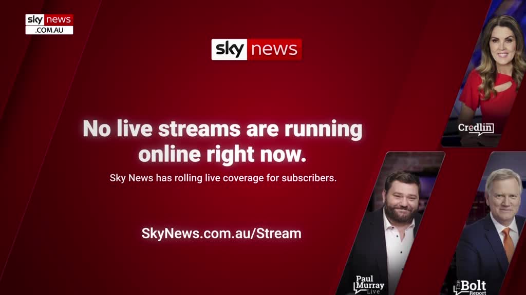 A red screen from Sky News Australia displays a message stating no live streams are running. The Sky News Extra 2 logo is in the top left, with images of presenters in the corner.
