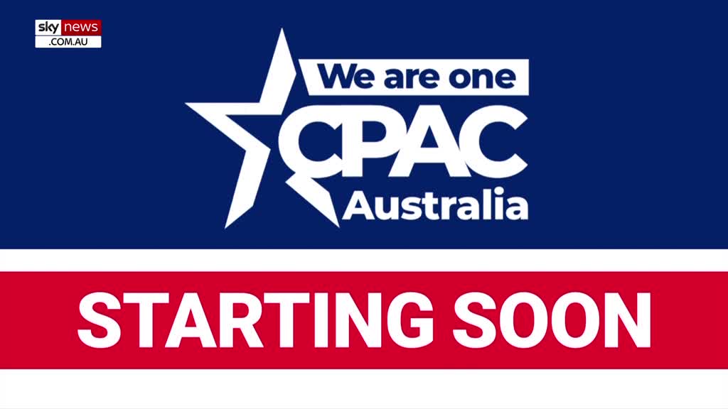 Sky News Extra 2 is showing a graphic for CPAC Australia, with the words "STARTING SOON" in bold white letters on a red banner. The logo for the event is centered above, with a white star and the words "We are one CPAC Australia" in white on a blue background.
