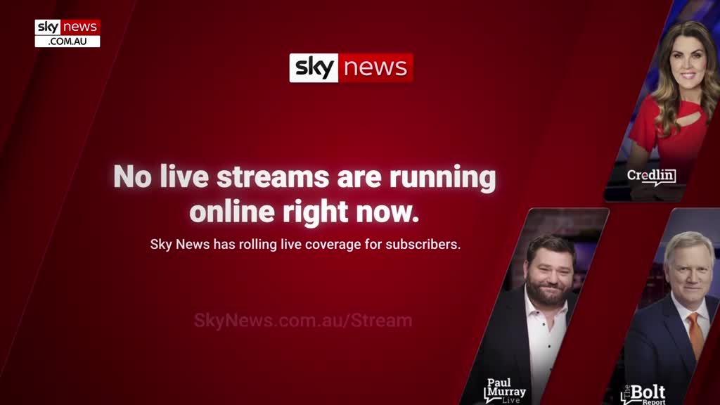 A red background fills the screen, with the Sky News logo at the top and a message stating that no live streams are running. Portraits of commentators are visible on the right side, with their show names below.
