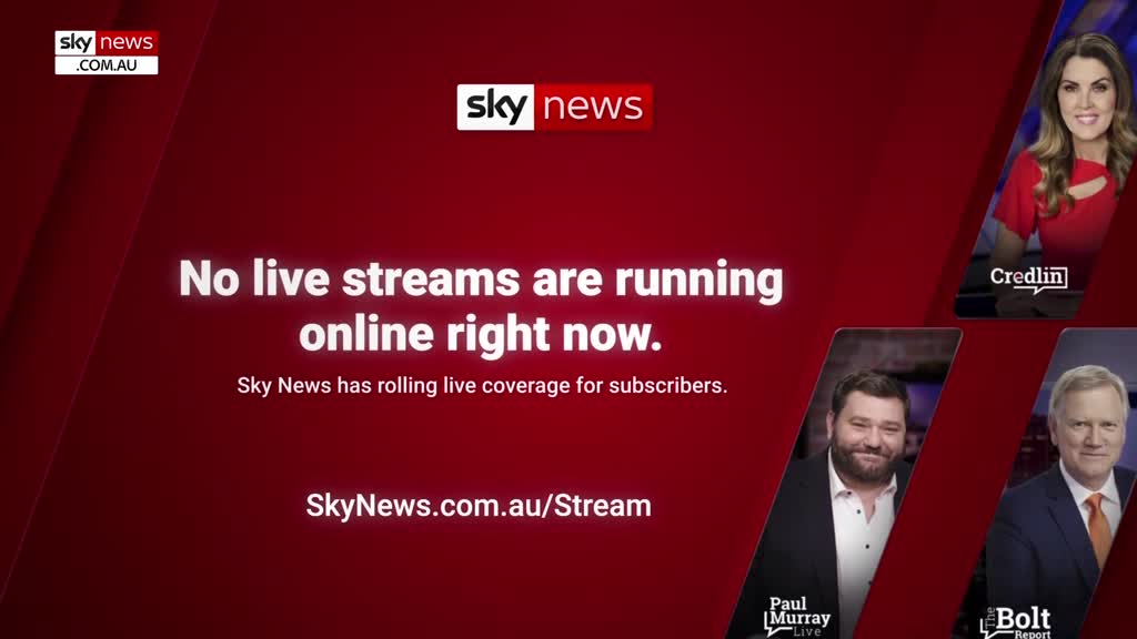 A red screen from Sky News Australia displays a message that no live streams are available. Headshots of commentators are visible on the right, with the Sky News logo at the top.
