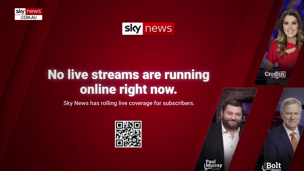 A Sky News Australia graphic on a red background states that no live streams are running. The screen features headshots of three presenters and a QR code.
