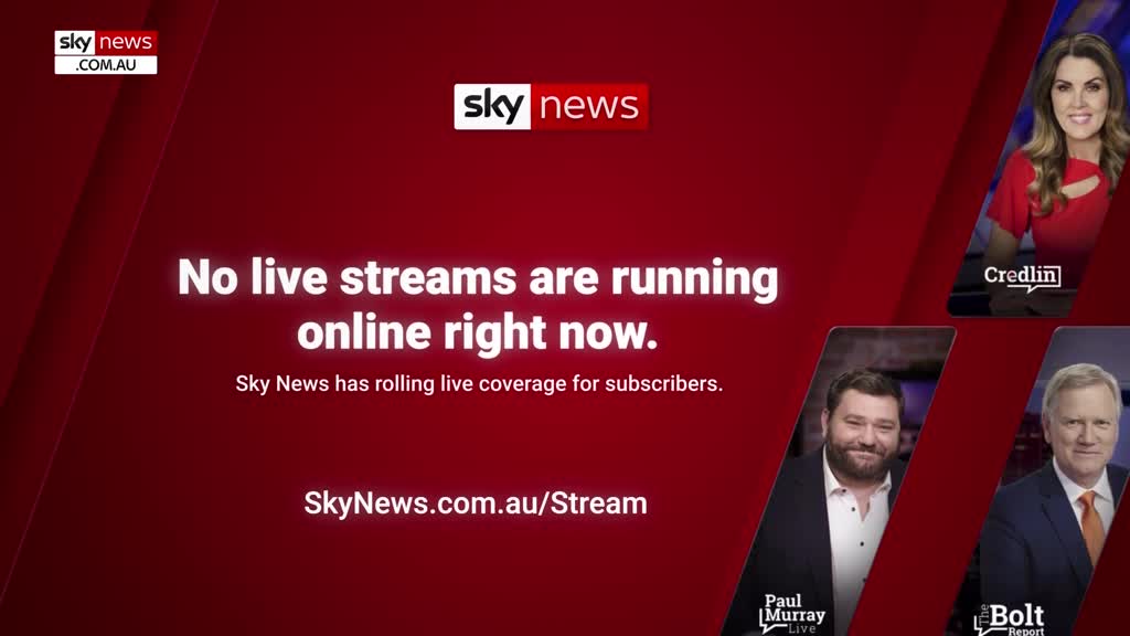 A message flashes on screen, stating that no live streams are running online right now, but Sky News offers rolling live coverage for subscribers. Three familiar faces from Sky News Australia, Credlin, Paul Murray, and Bolt, are displayed in separate frames.