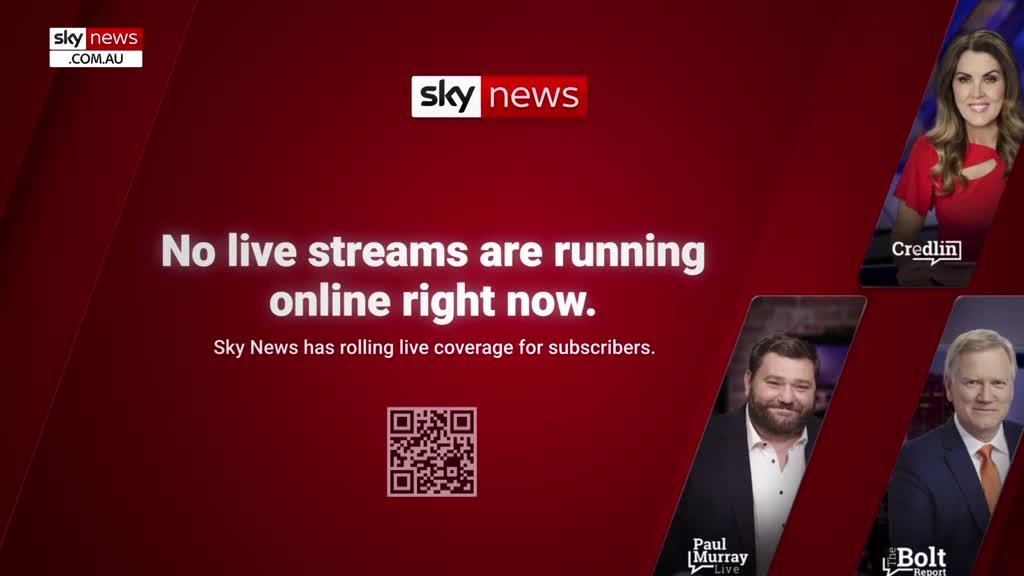 The screen states no live streams are running online right now, but Sky News has rolling live coverage for subscribers. Images of Credlin, Paul Murray Live, and The Bolt Report are displayed on the right. The screen states no live streams are running online right now, but Sky News has rolling live coverage for subscribers. Images of Credlin, Paul Murray Live, and The Bolt Report are displayed on the right.